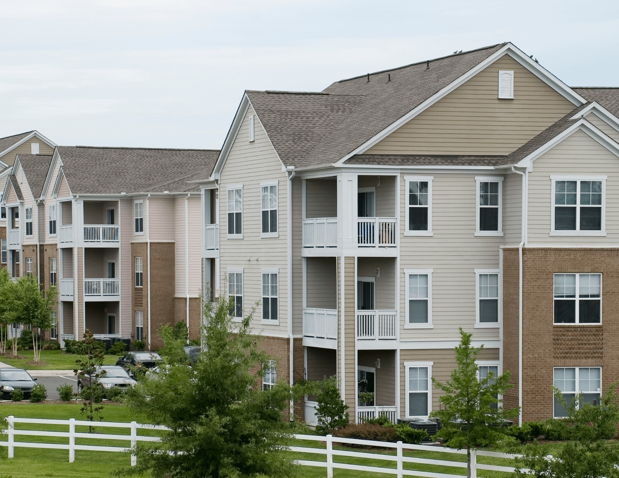 Residential apartment buildings with landscaped grounds